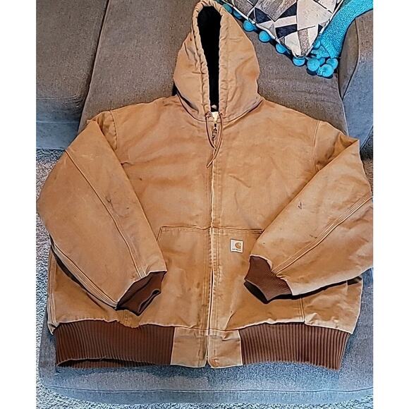 VTG Carhartt Full Zip Hoodie Jacket 3XL Tan USA Thrashed Workwear GUC - Picture 4 of 12